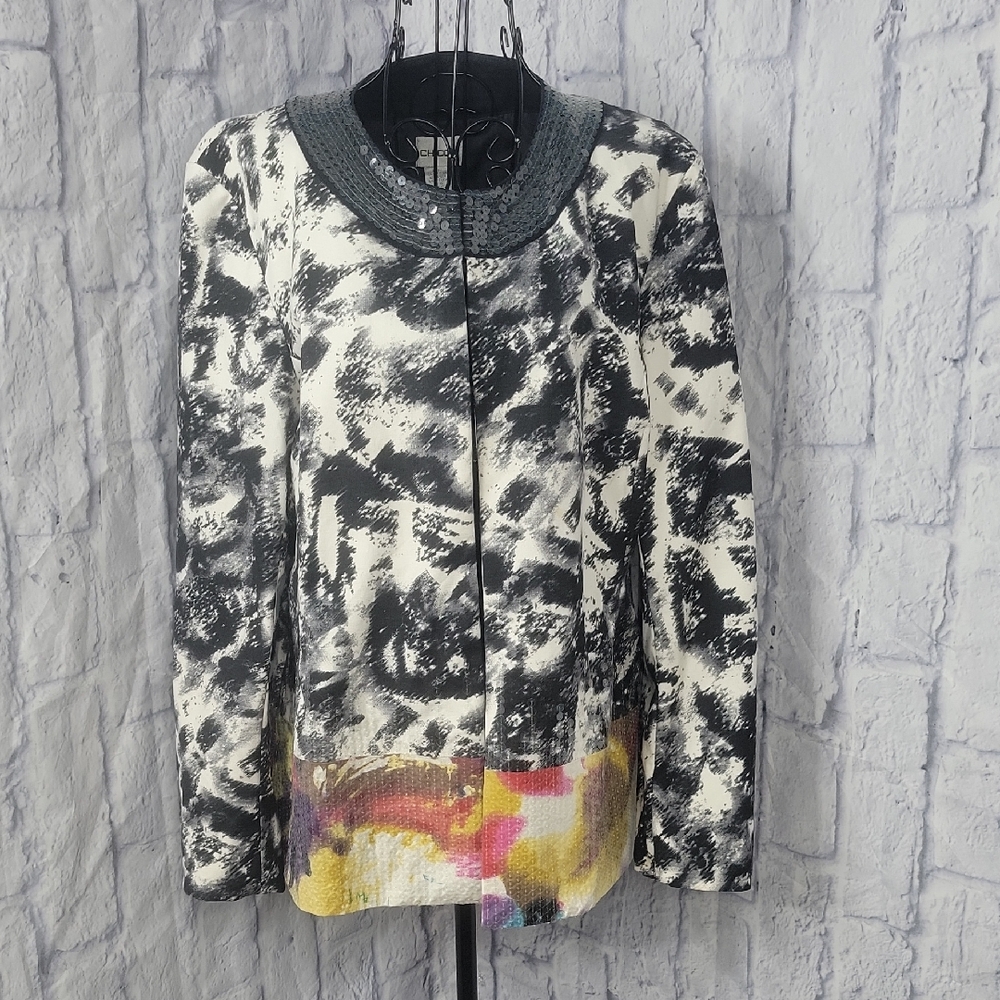 Chico's‎ Abstract Print Watercolor Sequin Neck Jacket Large